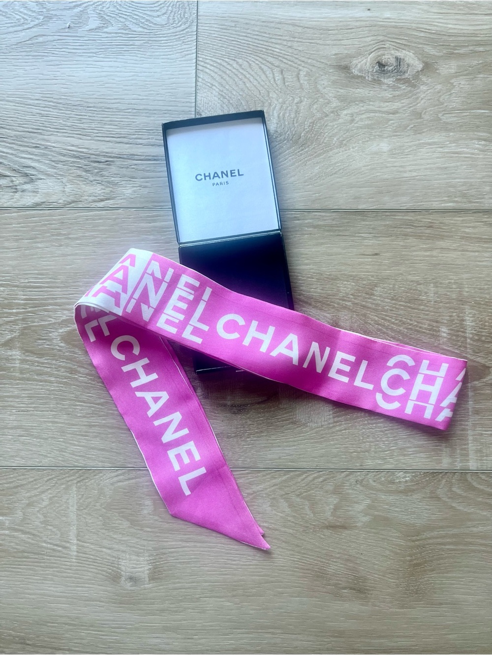 CHANEL Silk Logo Slim Bandeau Scarf Pink White w/ box